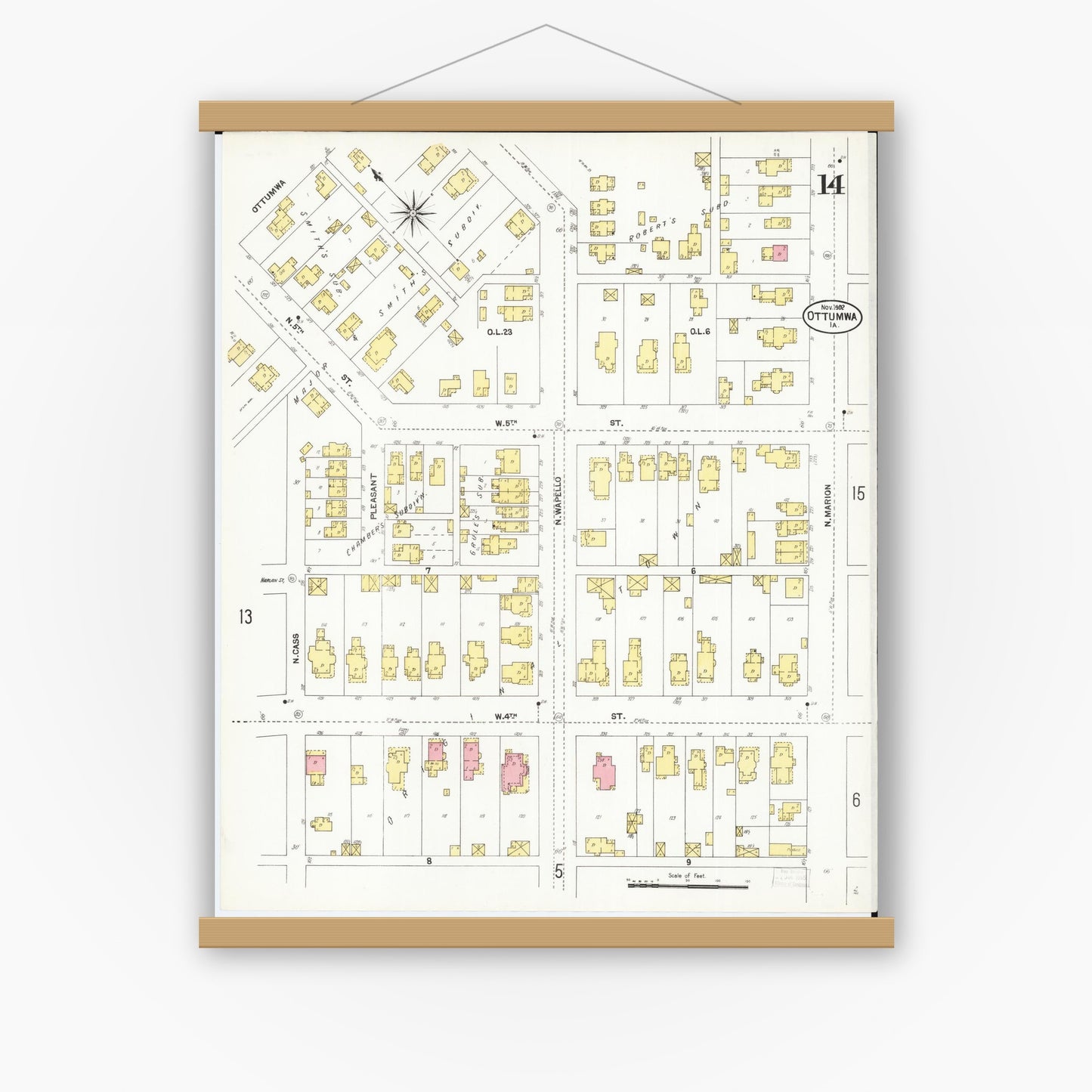 Old map wall art mockup — magnetic wood frame on white wall — Sanborn Fire Insurance Map from Ottumwa, Wapello County, Iowa (1902), Sheet #0014