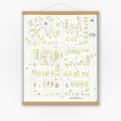 Old map wall art mockup — magnetic wood frame on white wall — Sanborn Fire Insurance Map from Ottumwa, Wapello County, Iowa (1902), Sheet #0014