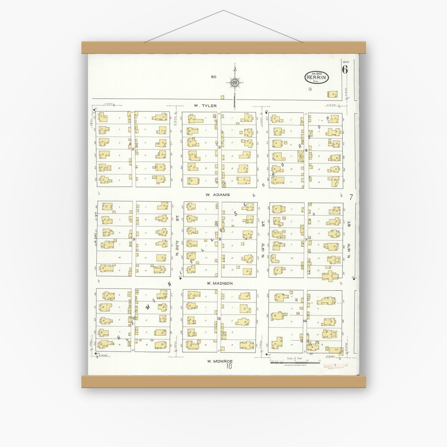 Old map wall art mockup — magnetic wood frame on white wall — Sanborn Fire Insurance Map from Herrin, Williamson County, Illinois (1922), Sheet #0006