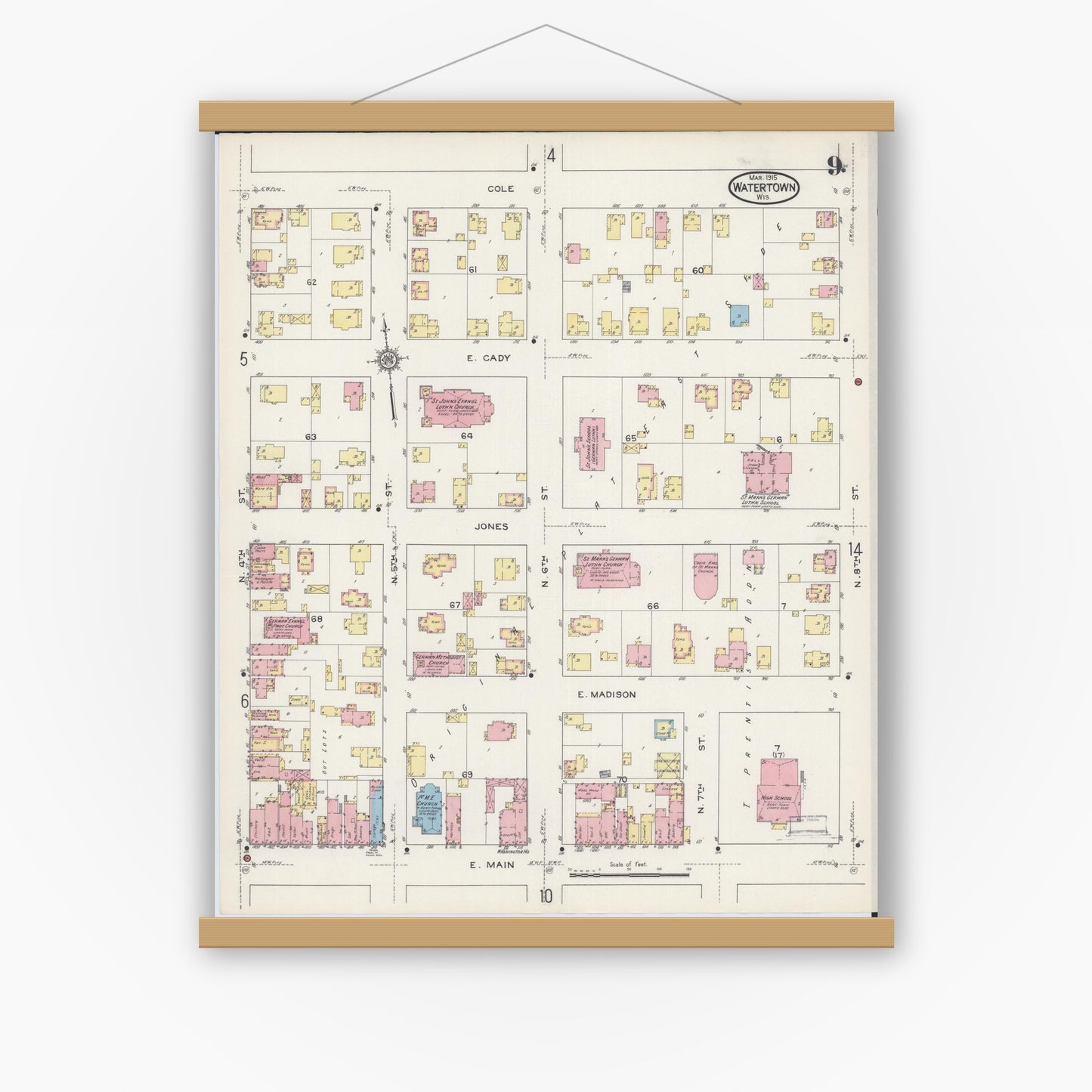 Old map wall art mockup — magnetic wood frame on white wall — Sanborn Fire Insurance Map from Watertown, Jefferson County, Wisconsin (1915), Sheet #0010