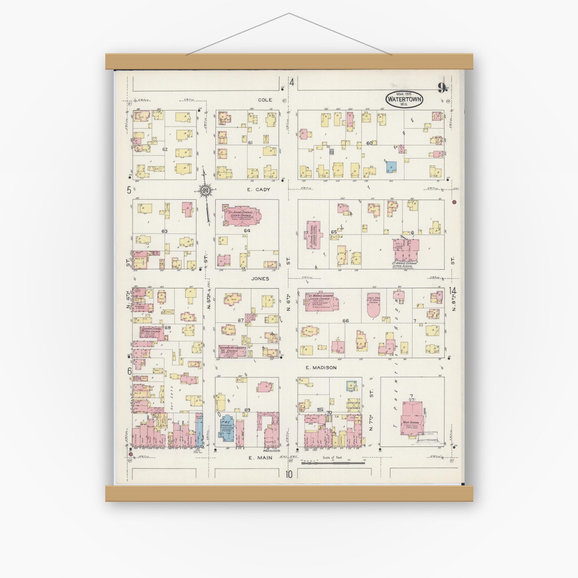 Old map wall art mockup — magnetic wood frame on white wall — Sanborn Fire Insurance Map from Watertown, Jefferson County, Wisconsin (1915), Sheet #0010