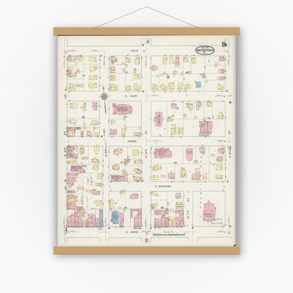 Old map wall art mockup — magnetic wood frame on white wall — Sanborn Fire Insurance Map from Watertown, Jefferson County, Wisconsin (1915), Sheet #0010