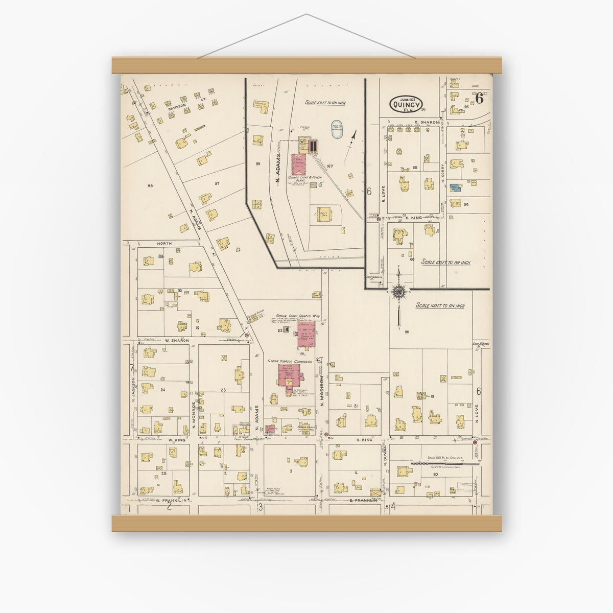 Old map wall art mockup — magnetic wood frame on white wall — Sanborn Fire Insurance Map from Quincy, Gadsden County, Florida (1922), Sheet #0006