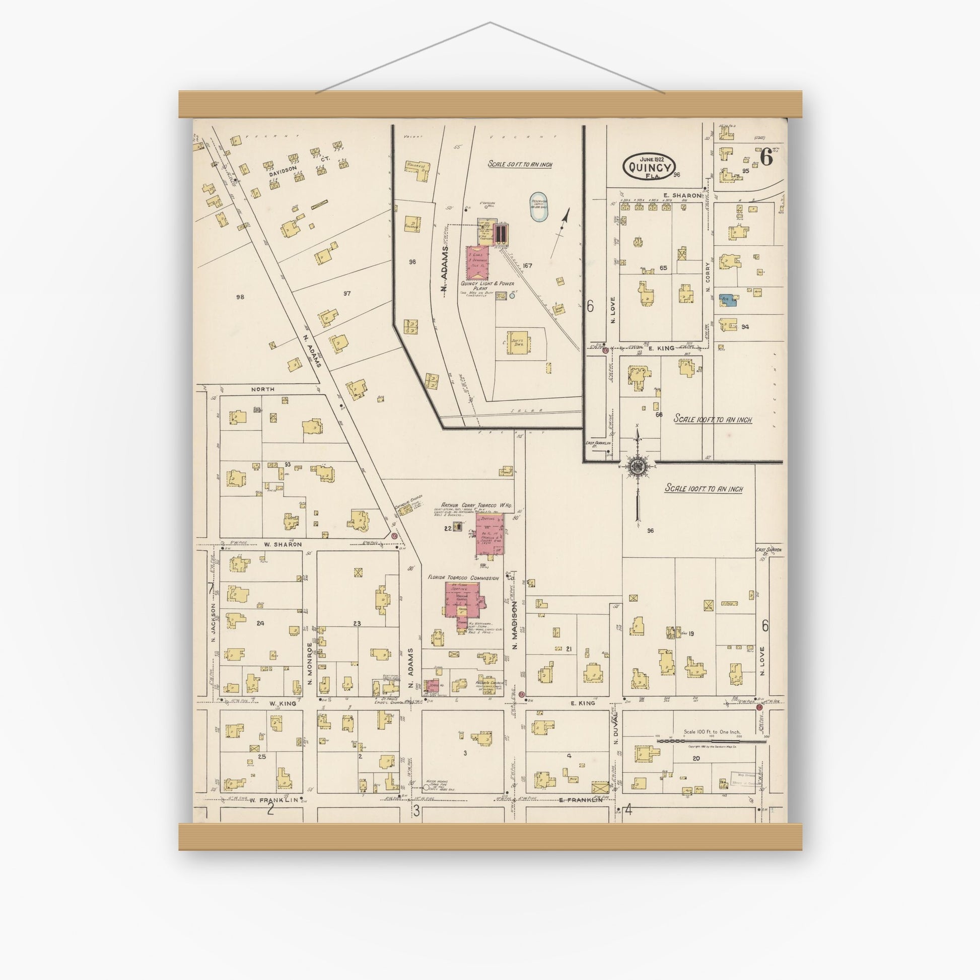 Old map wall art mockup — magnetic wood frame on white wall — Sanborn Fire Insurance Map from Quincy, Gadsden County, Florida (1922), Sheet #0006