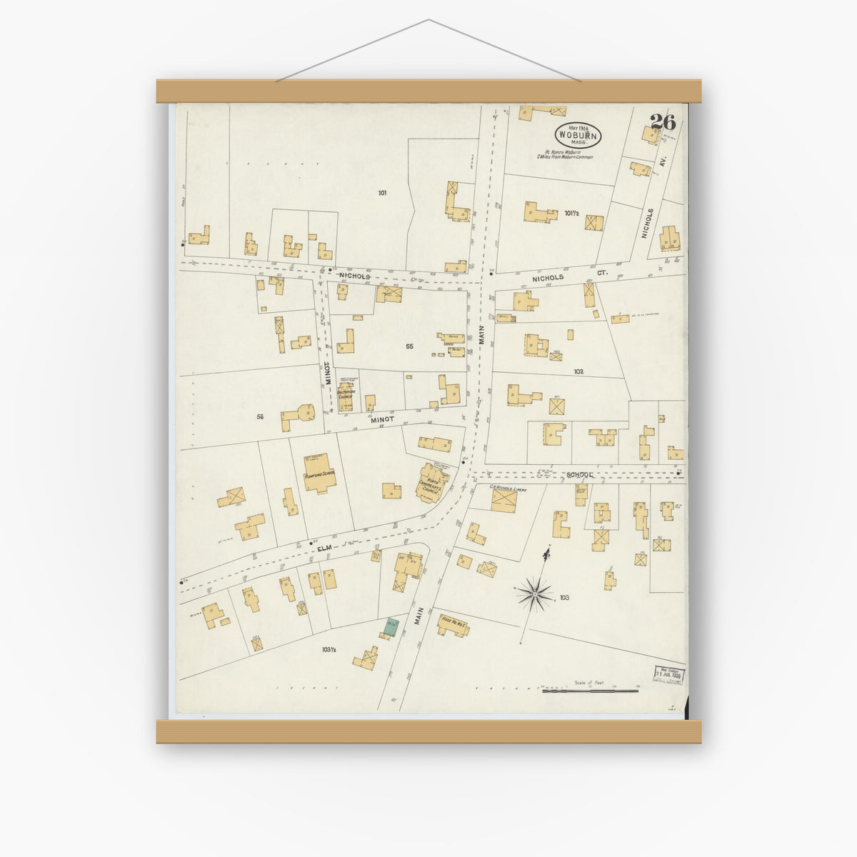 Old map wall art mockup — magnetic wood frame on white wall — Sanborn Fire Insurance Map from Woburn, Middlesex County, Massachusetts (1904), Sheet #0026