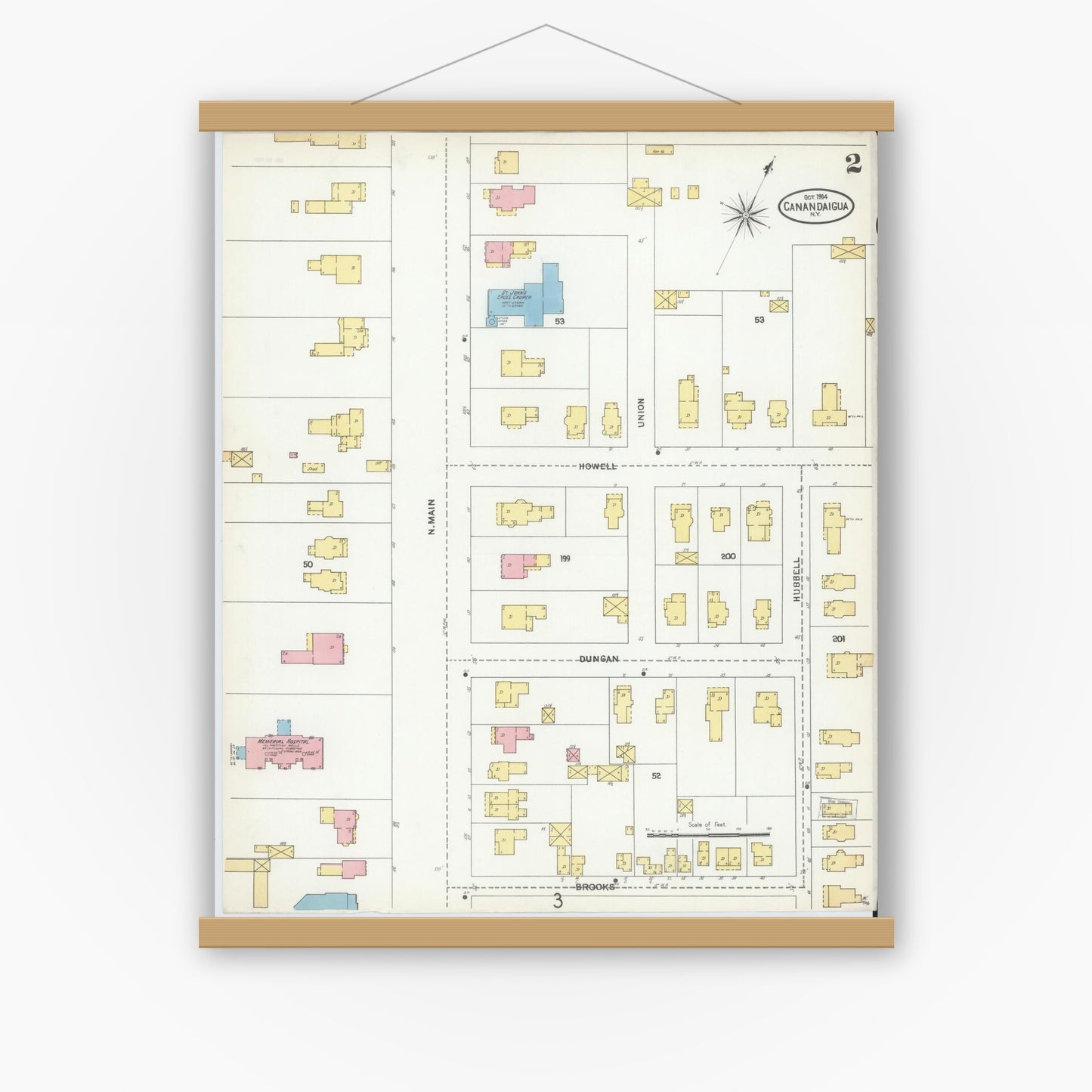 Old map wall art mockup — magnetic wood frame on white wall — Sanborn Fire Insurance Map from Canandaigua, Ontario County, New York (1904), Sheet #0002