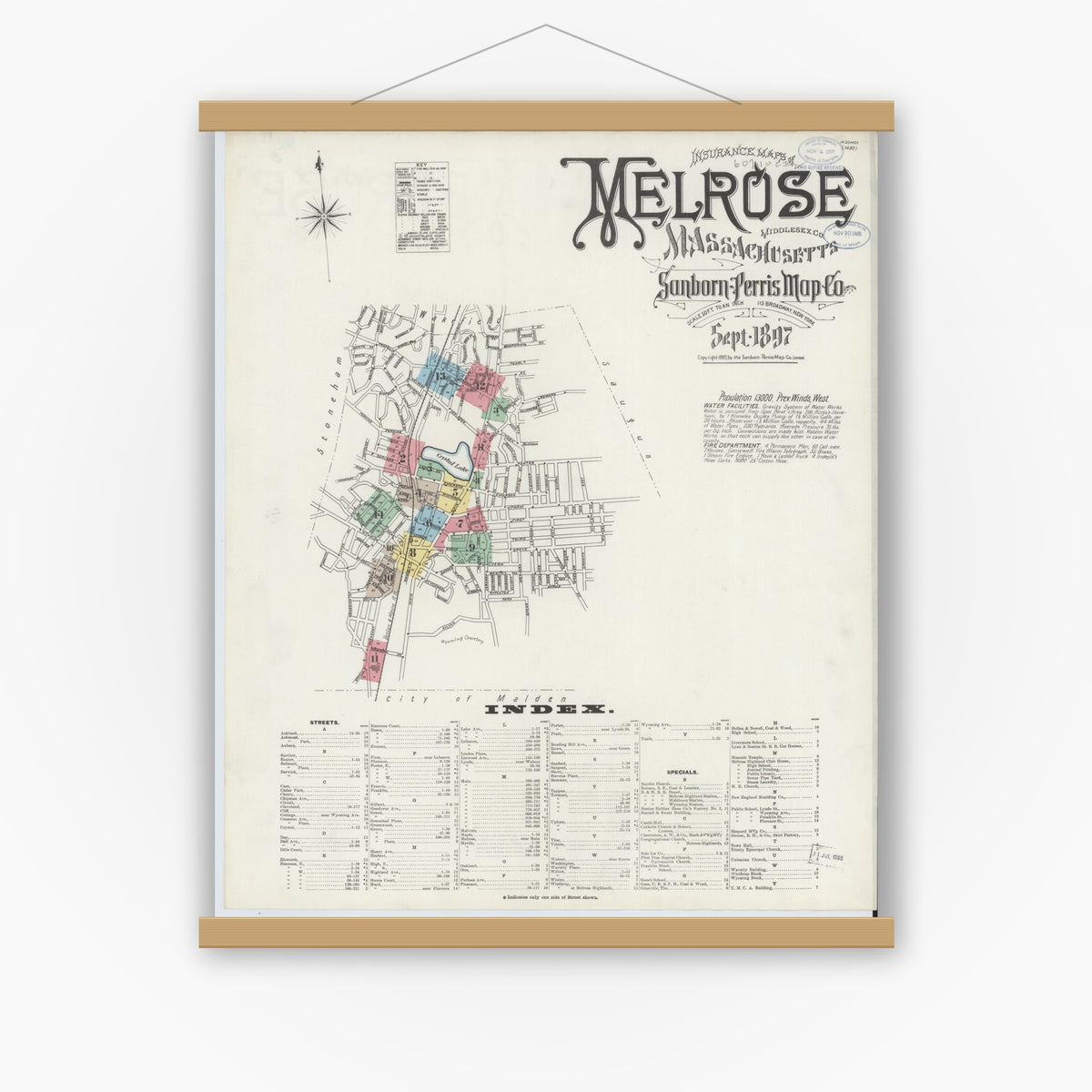 Old map wall art mockup — magnetic wood frame on white wall — Sanborn Fire Insurance Map from Melrose, Middlesex County, Massachusetts (1897), Sheet #0001