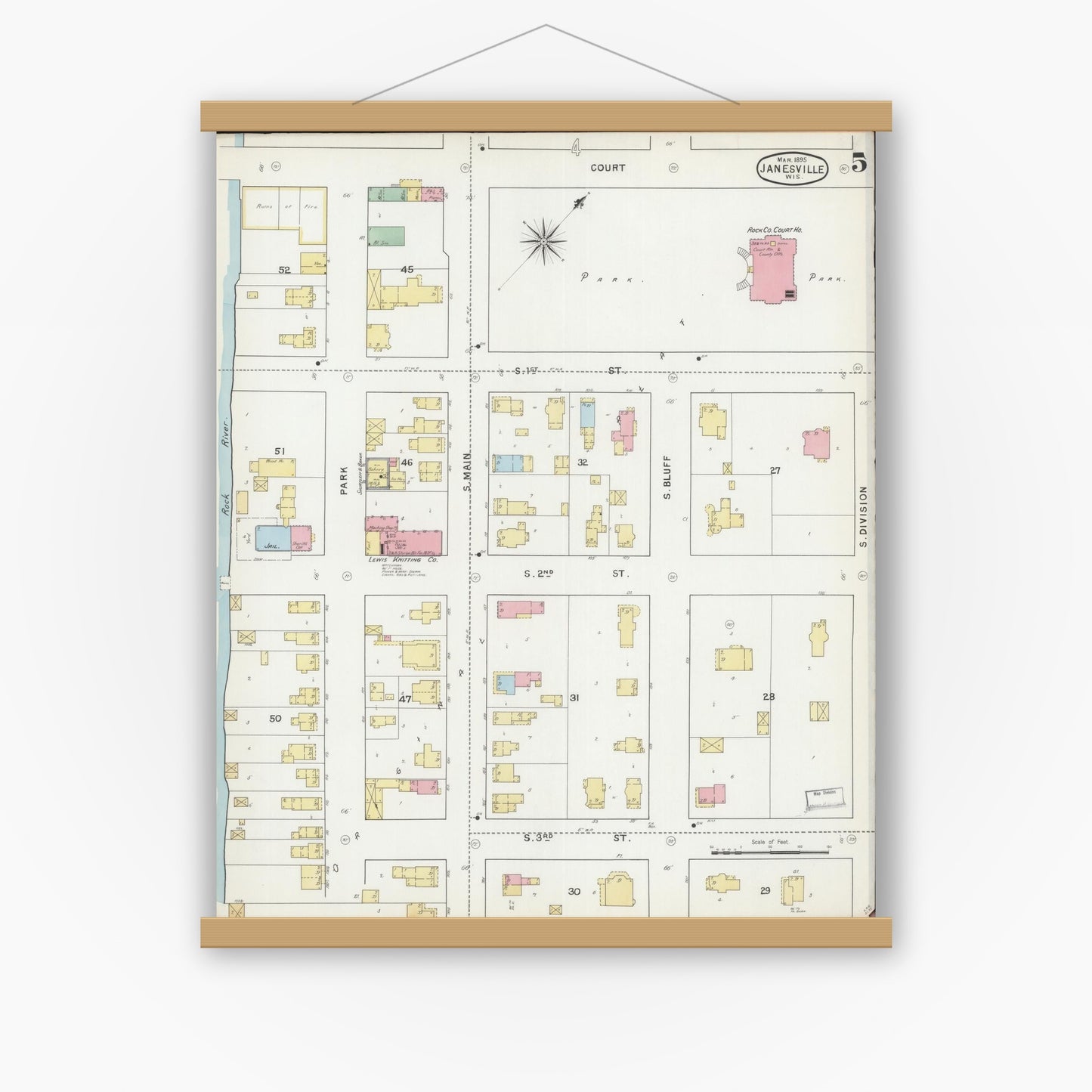 Old map wall art mockup — magnetic wood frame on white wall — Sanborn Fire Insurance Map from Janesville, Rock County, Wisconsin (1895), Sheet #0005