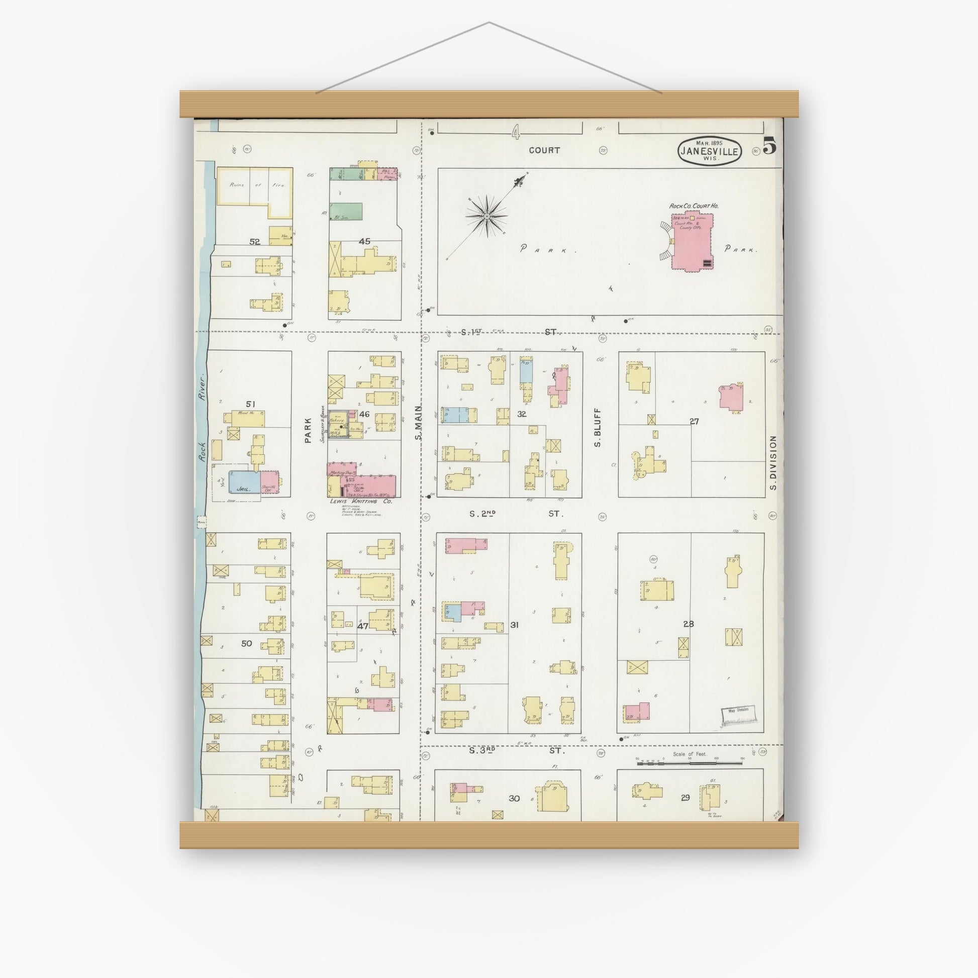 Old map wall art mockup — magnetic wood frame on white wall — Sanborn Fire Insurance Map from Janesville, Rock County, Wisconsin (1895), Sheet #0005