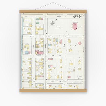 Old map wall art mockup — magnetic wood frame on white wall — Sanborn Fire Insurance Map from Janesville, Rock County, Wisconsin (1895), Sheet #0005