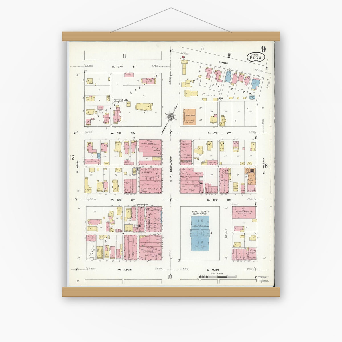 Old map wall art mockup — magnetic wood frame on white wall — Sanborn Fire Insurance Map from Peru, Miami County, Indiana (1912), Sheet #0009