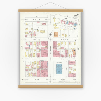 Old map wall art mockup — magnetic wood frame on white wall — Sanborn Fire Insurance Map from Peru, Miami County, Indiana (1912), Sheet #0009