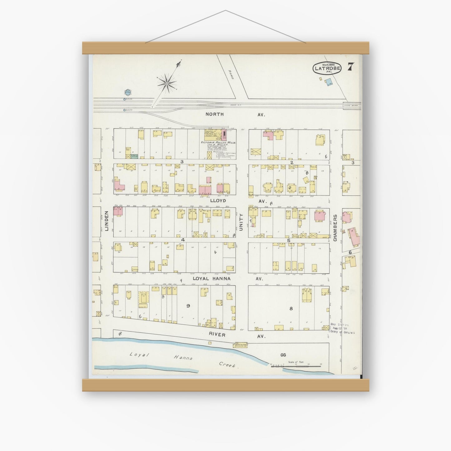 Old map wall art mockup — magnetic wood frame on white wall — Sanborn Fire Insurance Map from Latrobe, Westmoreland County, Pennsylvania (1892), Sheet #0007