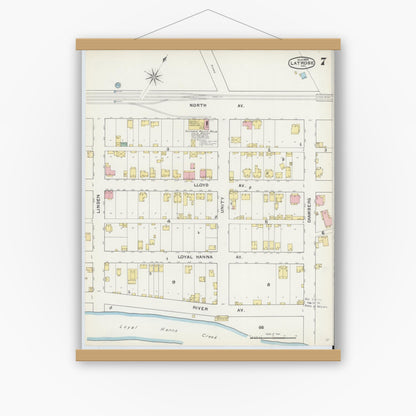 Old map wall art mockup — magnetic wood frame on white wall — Sanborn Fire Insurance Map from Latrobe, Westmoreland County, Pennsylvania (1892), Sheet #0007