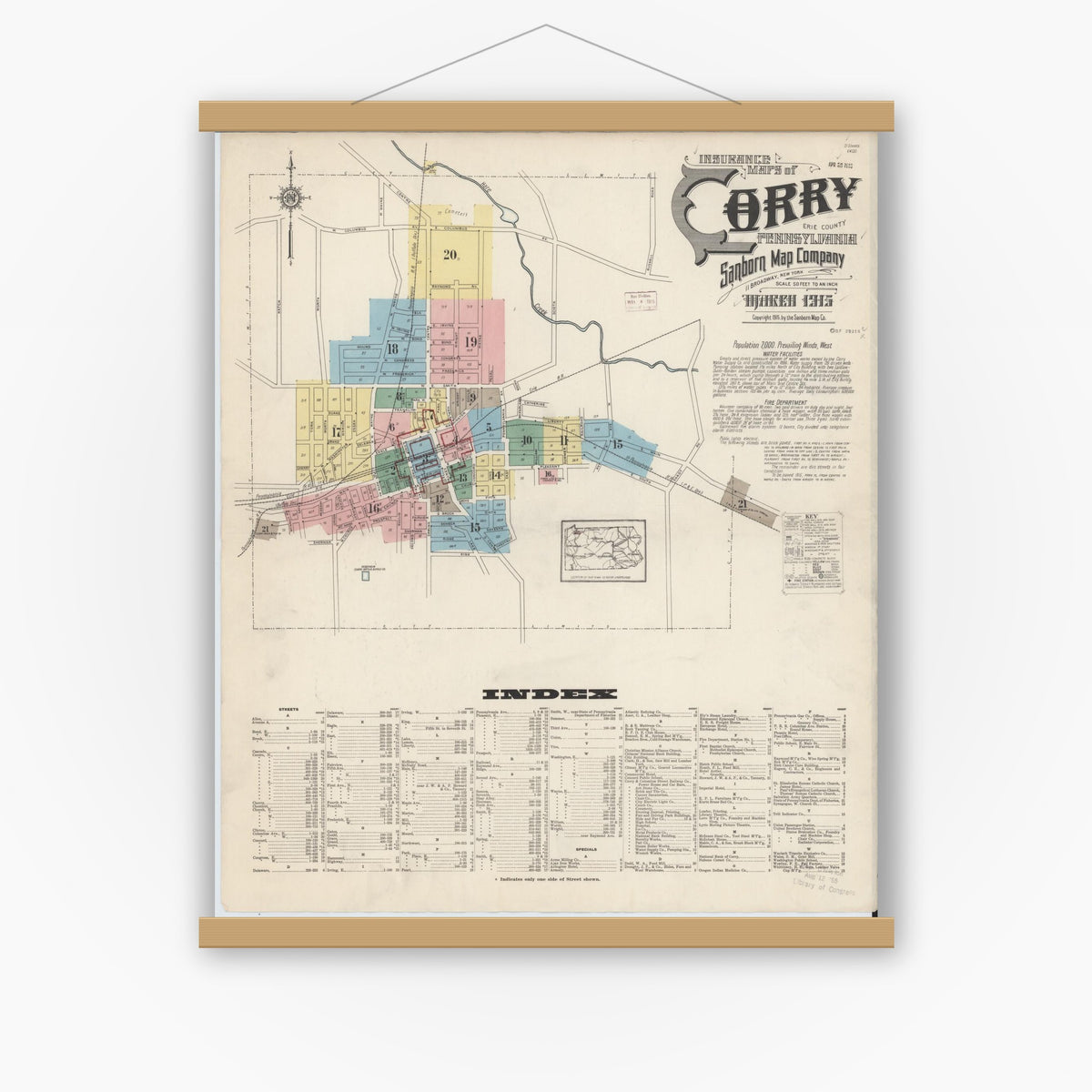Old map wall art mockup — magnetic wood frame on white wall — Sanborn Fire Insurance Map from Corry, Erie County, Pennsylvania (1915), Sheet #0001