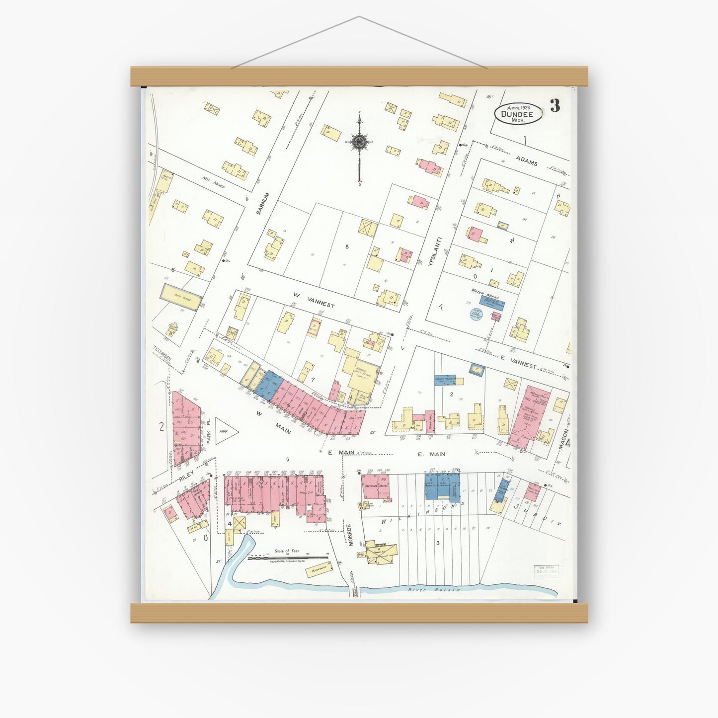 Old map wall art mockup — magnetic wood frame on white wall — Sanborn Fire Insurance Map from Dundee, Monroe County, Michigan (1923), Sheet #0003