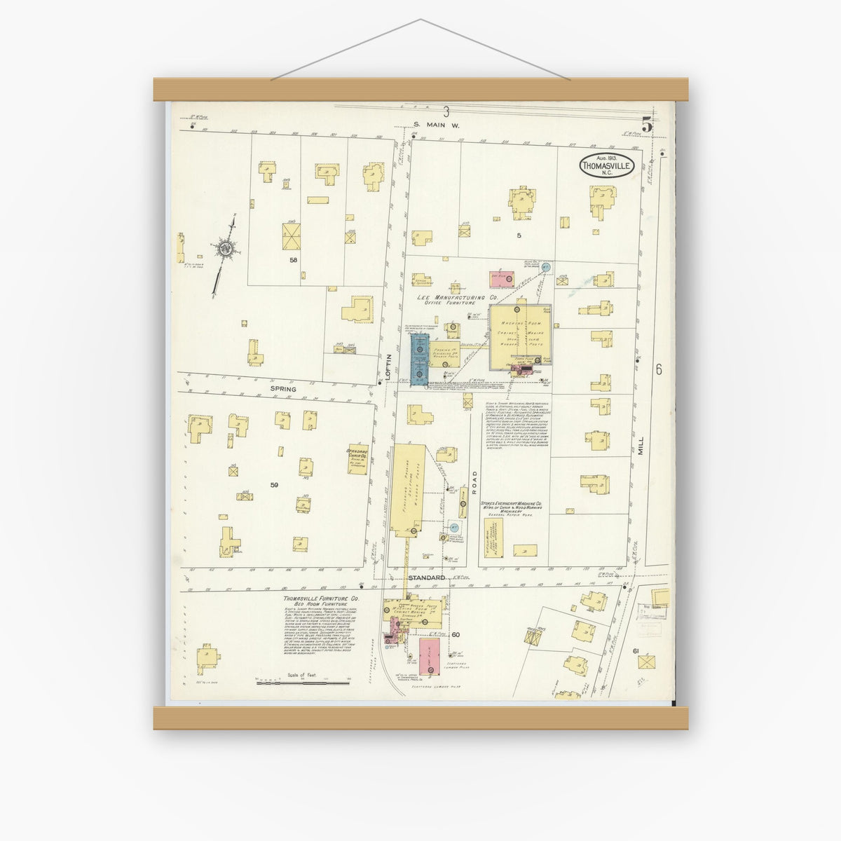 Old map wall art mockup — magnetic wood frame on white wall — Sanborn Fire Insurance Map from Thomasville, Davidson County, North Carolina (1913), Sheet #0005