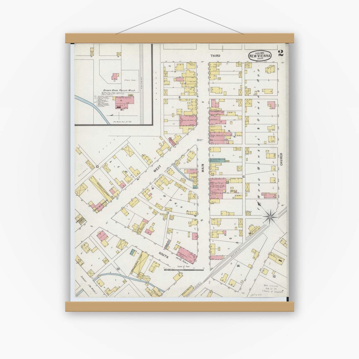 Old map wall art mockup — magnetic wood frame on white wall — Sanborn Fire Insurance Map from New Vienna, Clinton County, Ohio (1895), Sheet #0002