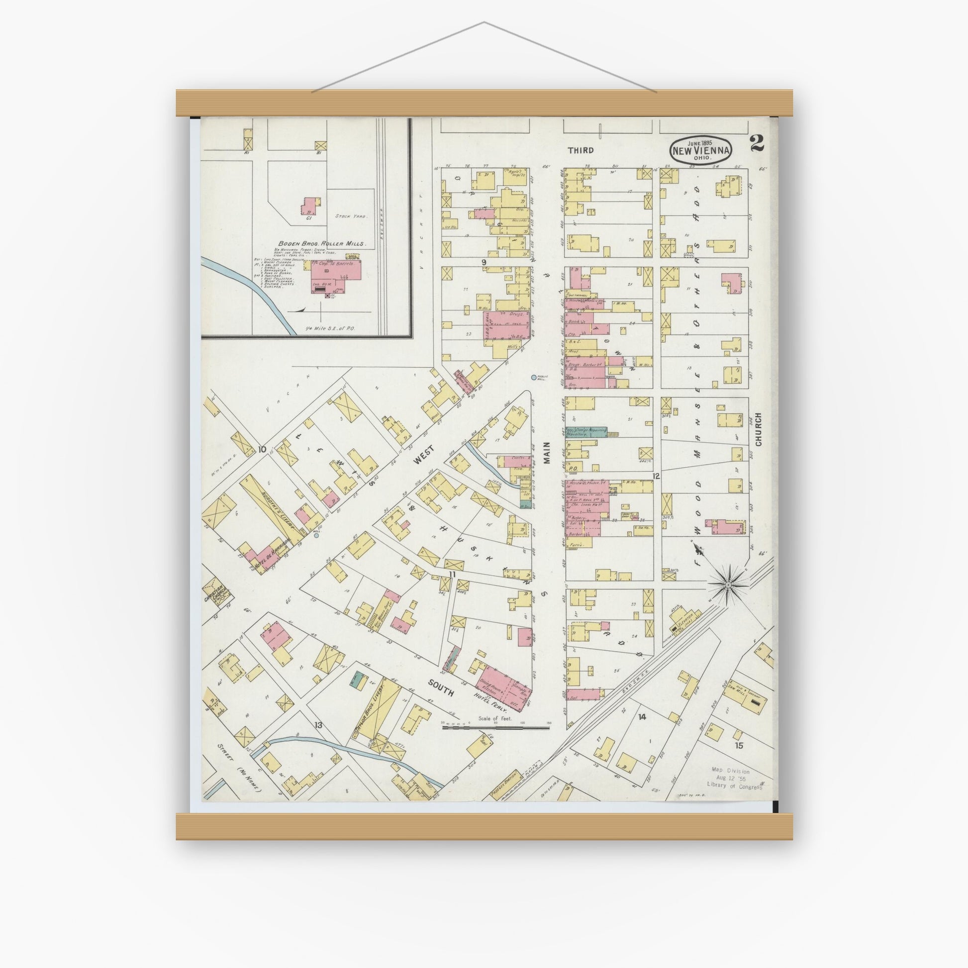 Old map wall art mockup — magnetic wood frame on white wall — Sanborn Fire Insurance Map from New Vienna, Clinton County, Ohio (1895), Sheet #0002