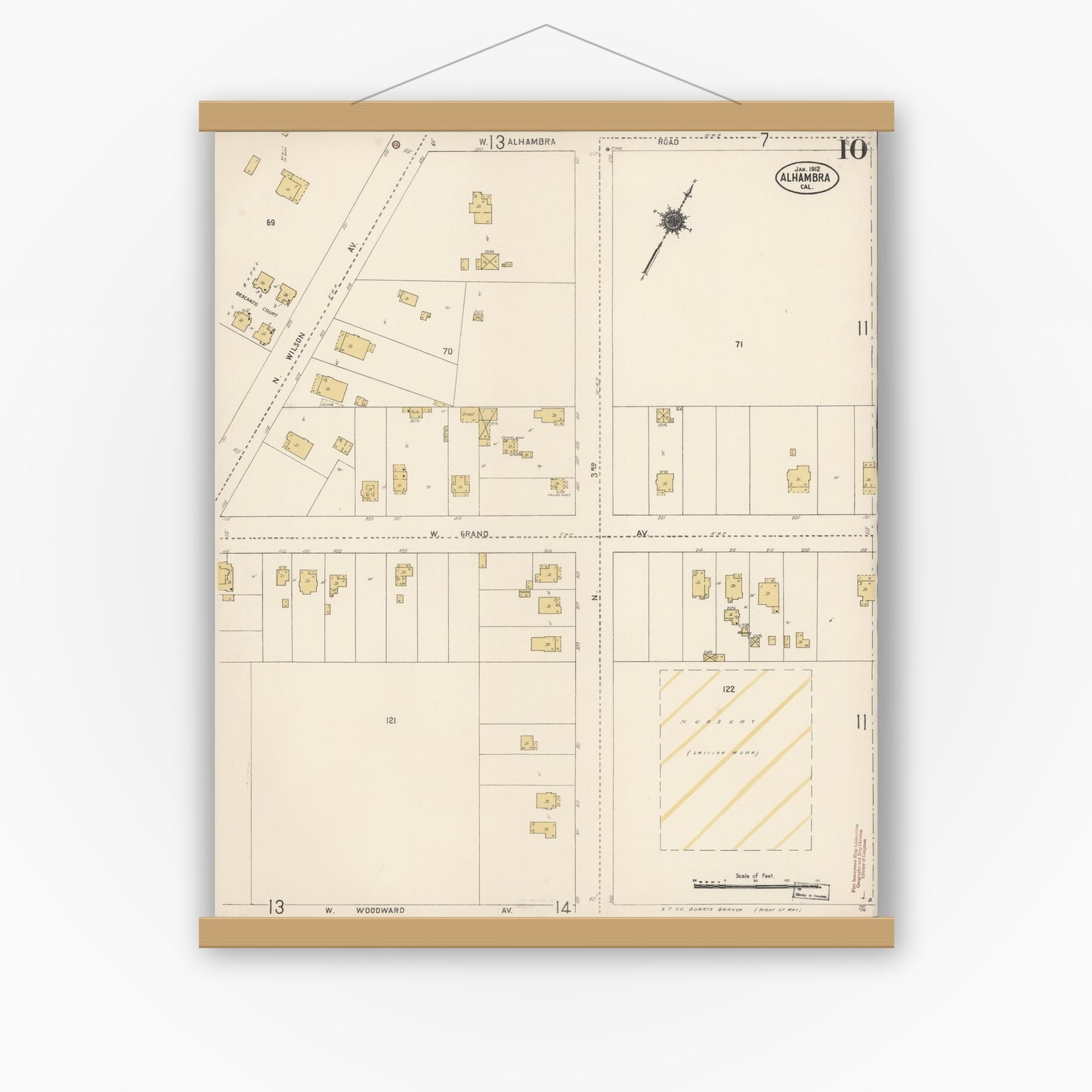 Old map wall art mockup — magnetic wood frame on white wall — Sanborn Fire Insurance Map from Alhambra, Los Angeles County, California (1912), Sheet #0010
