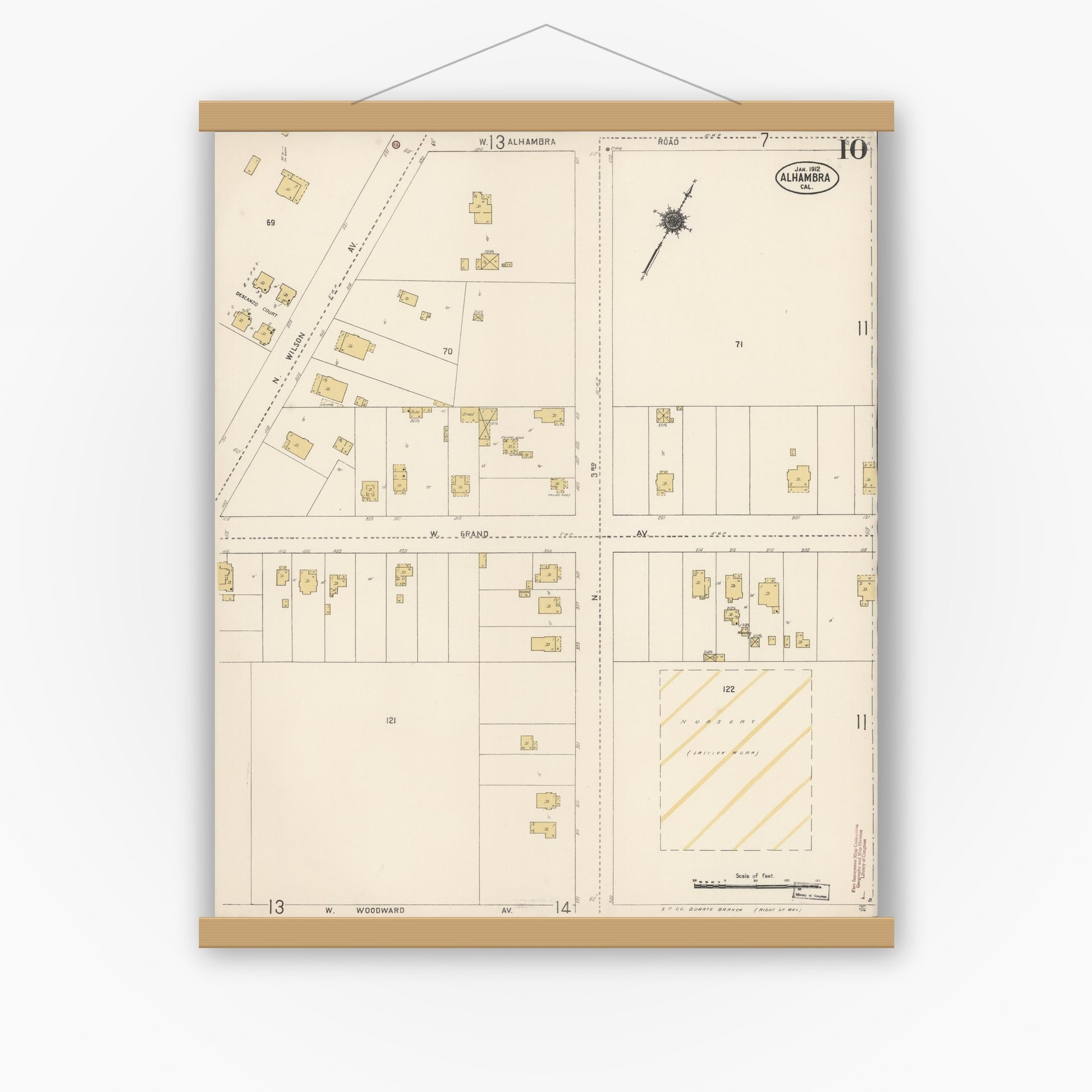 Old map wall art mockup — magnetic wood frame on white wall — Sanborn Fire Insurance Map from Alhambra, Los Angeles County, California (1912), Sheet #0010