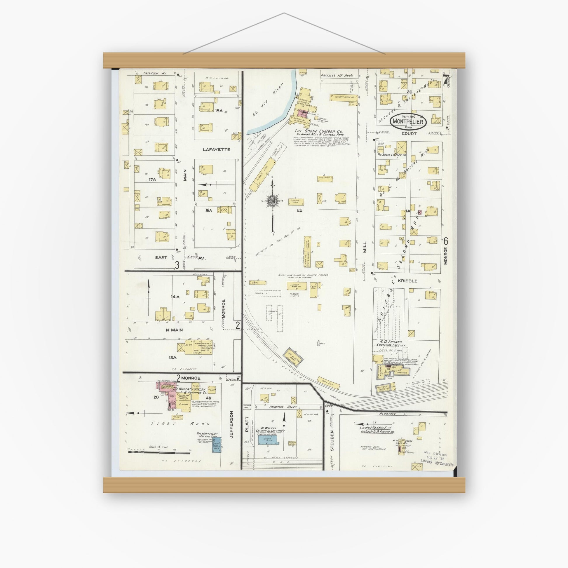 Old map wall art mockup — magnetic wood frame on white wall — Sanborn Fire Insurance Map from Montpelier, Williams County, Ohio (1910), Sheet #0007