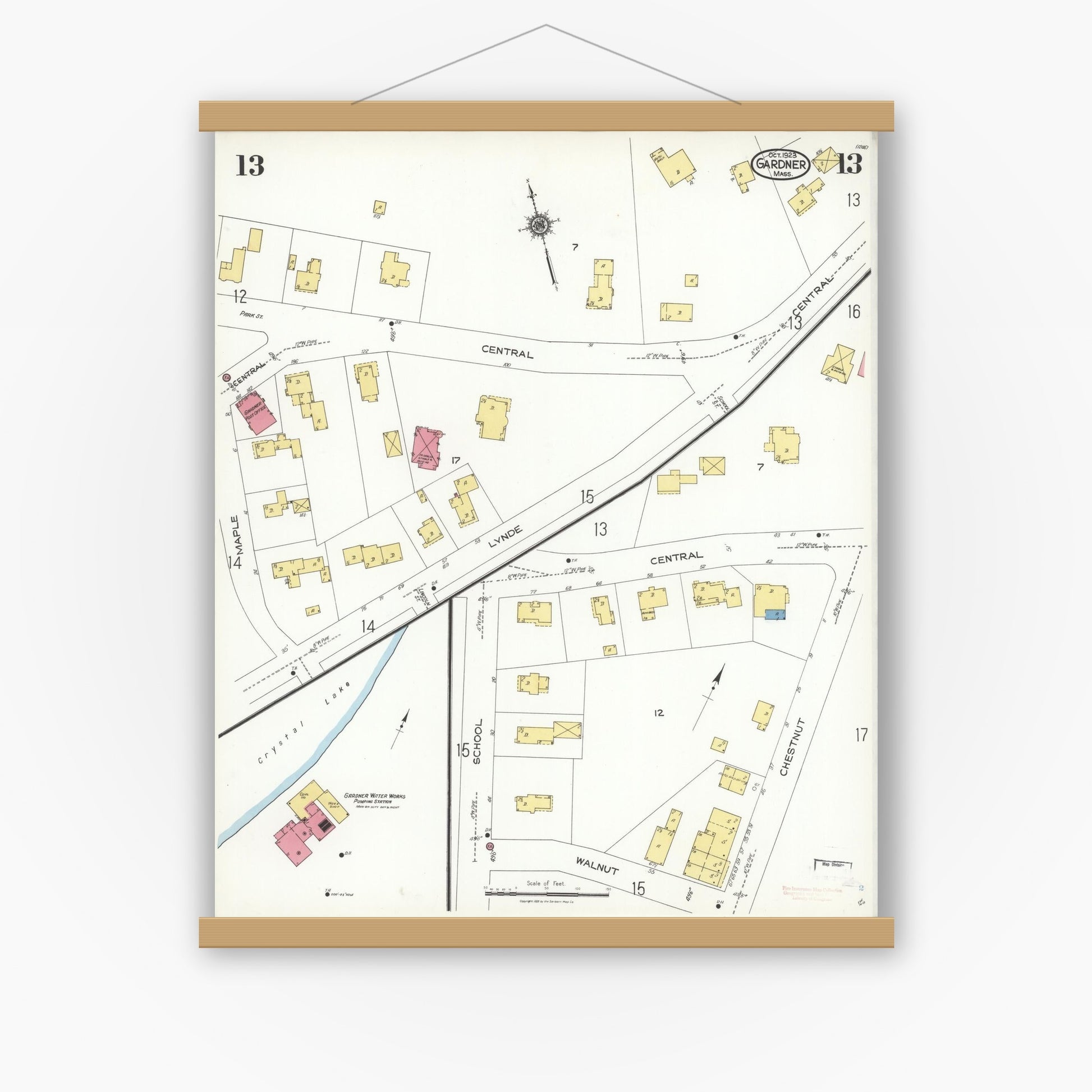 Old map wall art mockup — magnetic wood frame on white wall — Sanborn Fire Insurance Map from Gardner, Worcester County, Massachusetts (1923), Sheet #0013