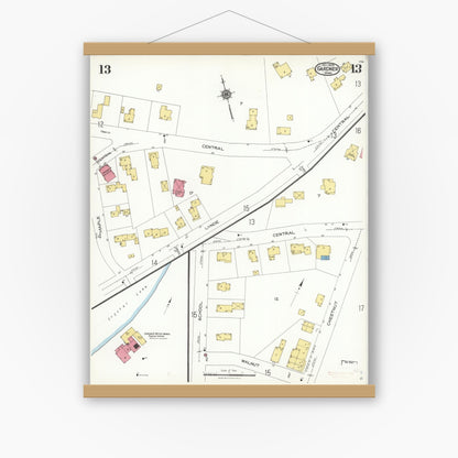 Old map wall art mockup — magnetic wood frame on white wall — Sanborn Fire Insurance Map from Gardner, Worcester County, Massachusetts (1923), Sheet #0013