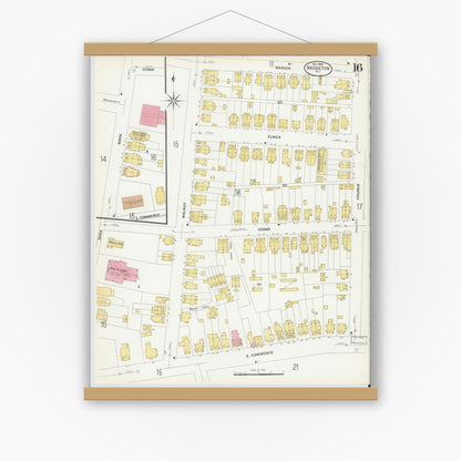 Old map wall art mockup — magnetic wood frame on white wall — Sanborn Fire Insurance Map from Bridgeton, Cumberland County, New Jersey (1908), Sheet #0016