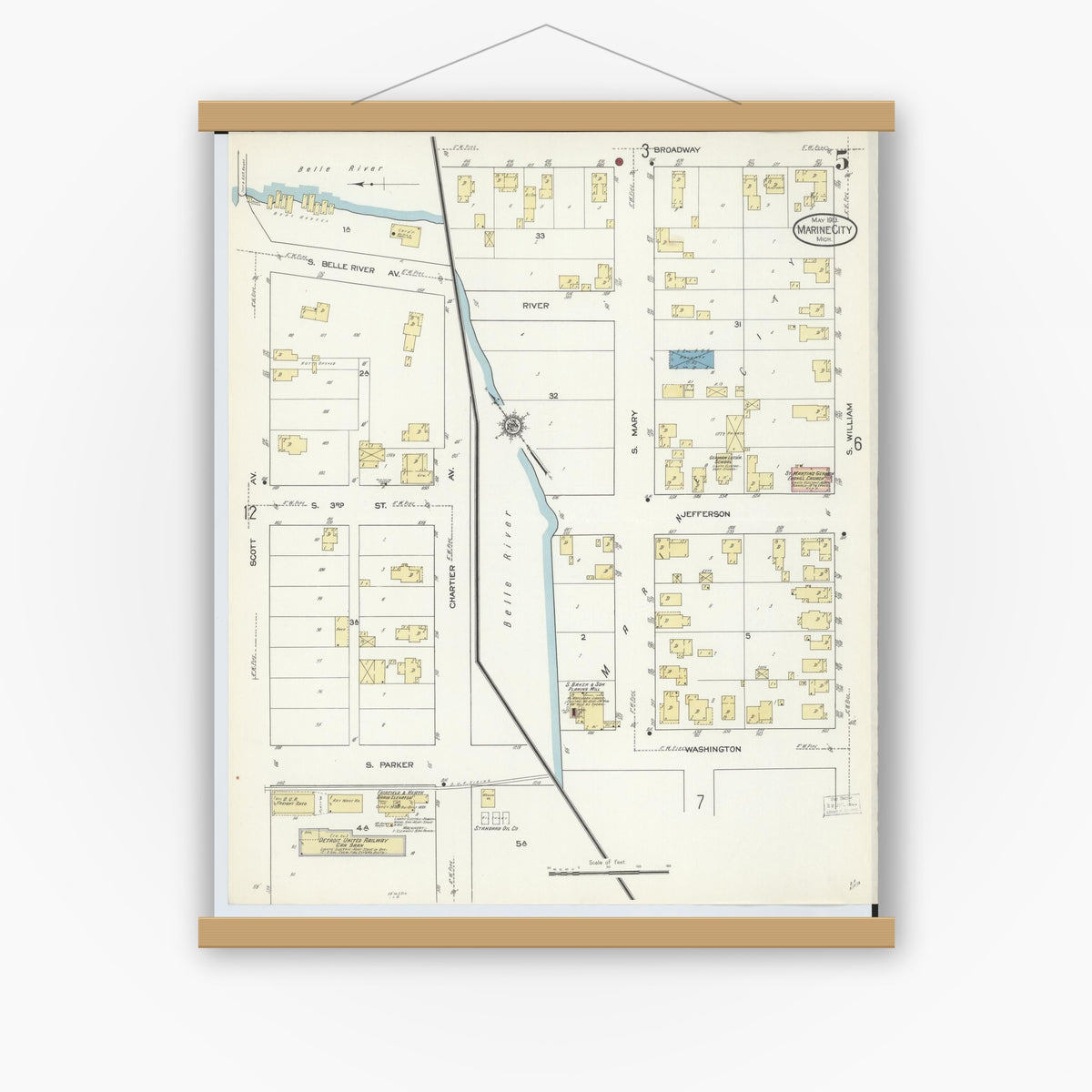 Old map wall art mockup — magnetic wood frame on white wall — Sanborn Fire Insurance Map from Marine City, Saint Clair County, Michigan (1913), Sheet #0005