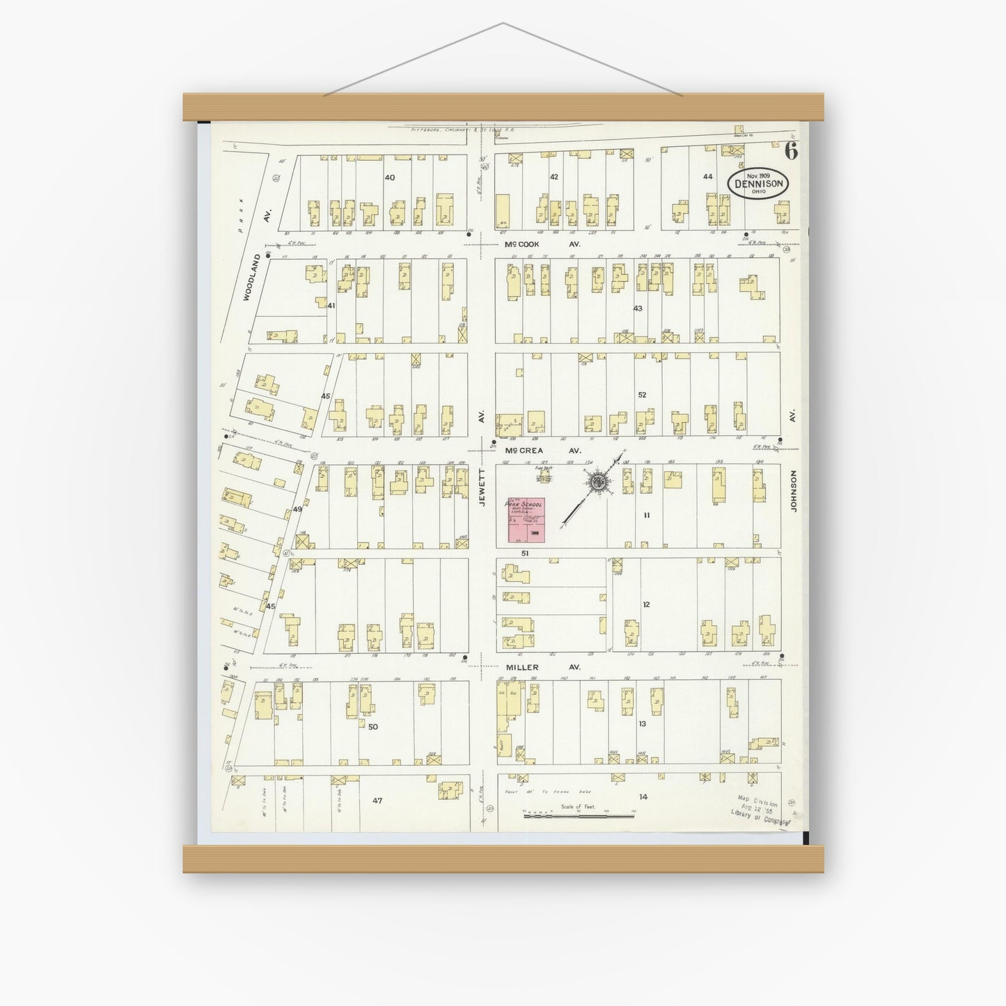 Old map wall art mockup — magnetic wood frame on white wall — Sanborn Fire Insurance Map from Dennison, Tuscarawas County, Ohio (1909), Sheet #0006