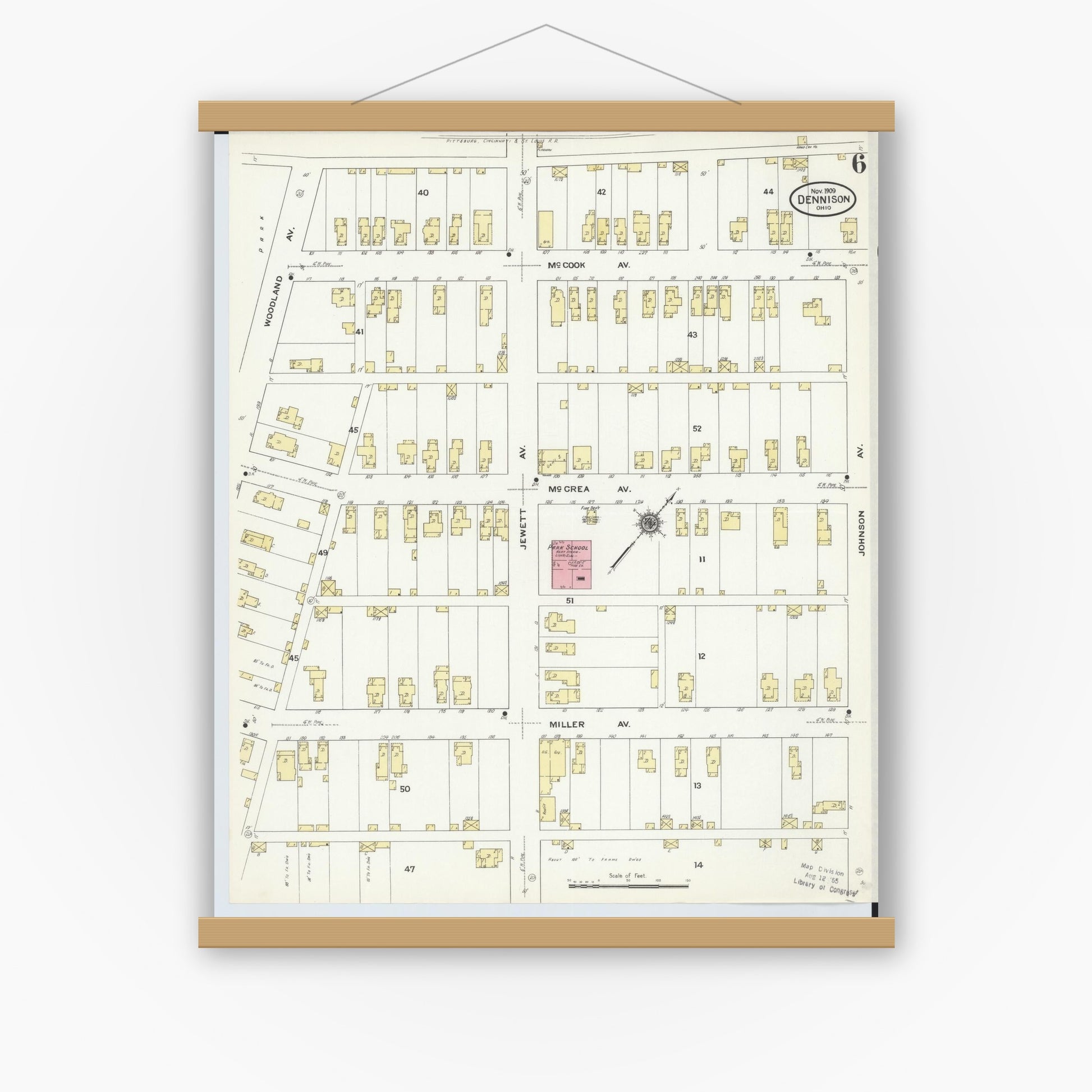 Old map wall art mockup — magnetic wood frame on white wall — Sanborn Fire Insurance Map from Dennison, Tuscarawas County, Ohio (1909), Sheet #0006