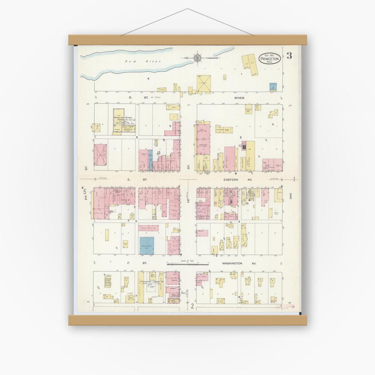 Old map wall art mockup — magnetic wood frame on white wall — Sanborn Fire Insurance Map from Princeton, Mille Lacs County, Minnesota (1912), Sheet #0003
