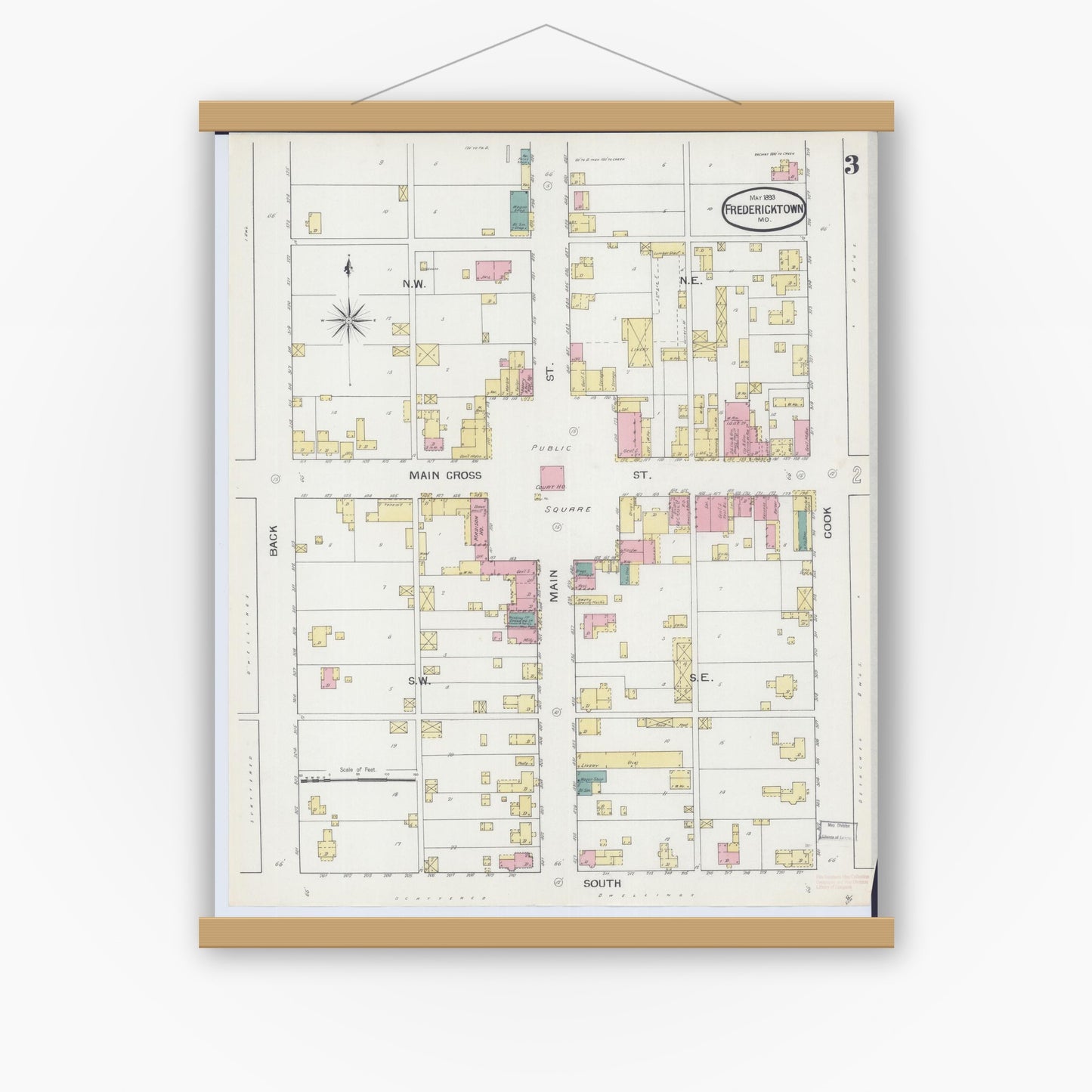 Old map wall art mockup — magnetic wood frame on white wall — Sanborn Fire Insurance Map from Fredericktown, Madison County, Missouri (1893), Sheet #0003