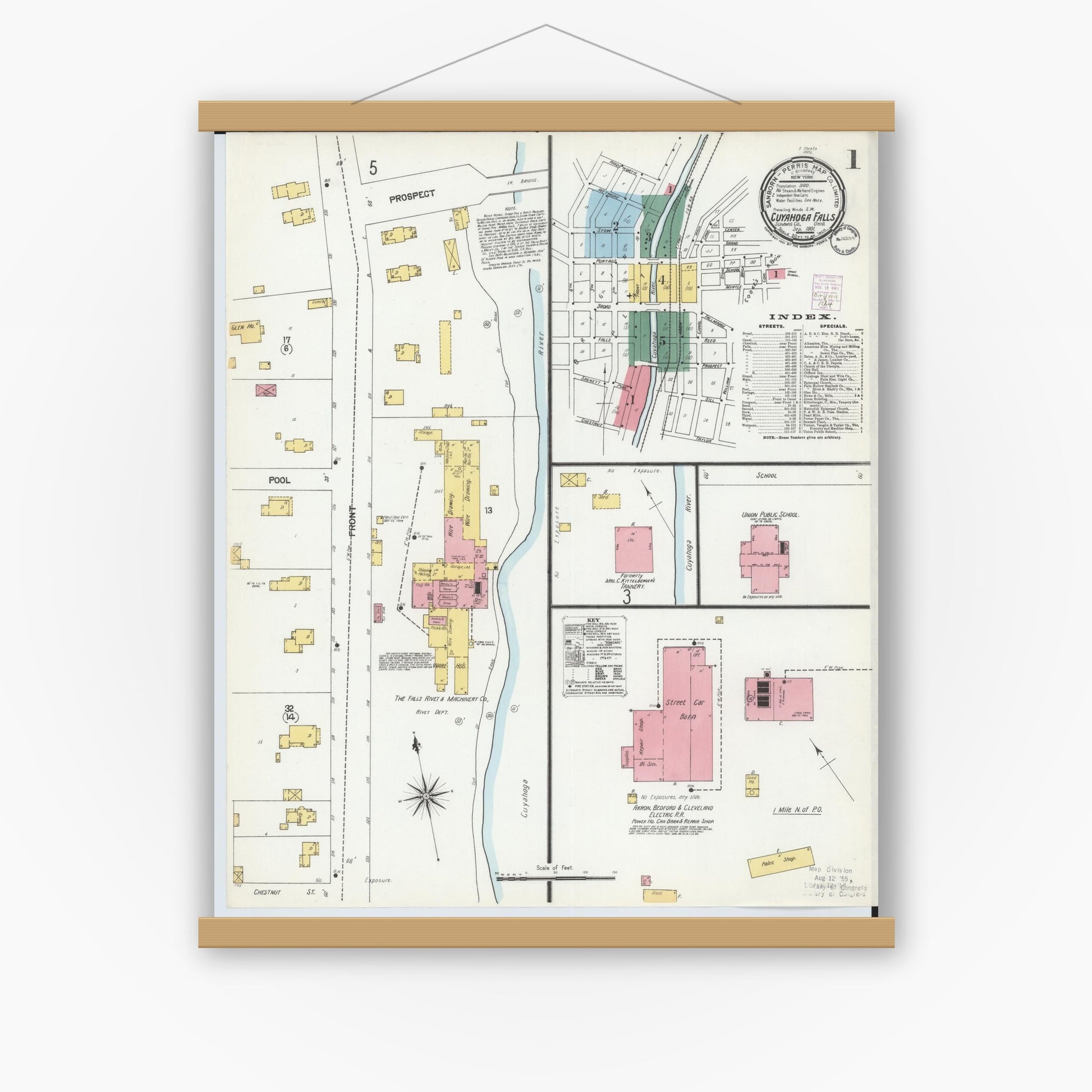Old map wall art mockup — magnetic wood frame on white wall — Sanborn Fire Insurance Map from Cuyahoga Falls, Summit County, Ohio (1901) - Complete Map Set