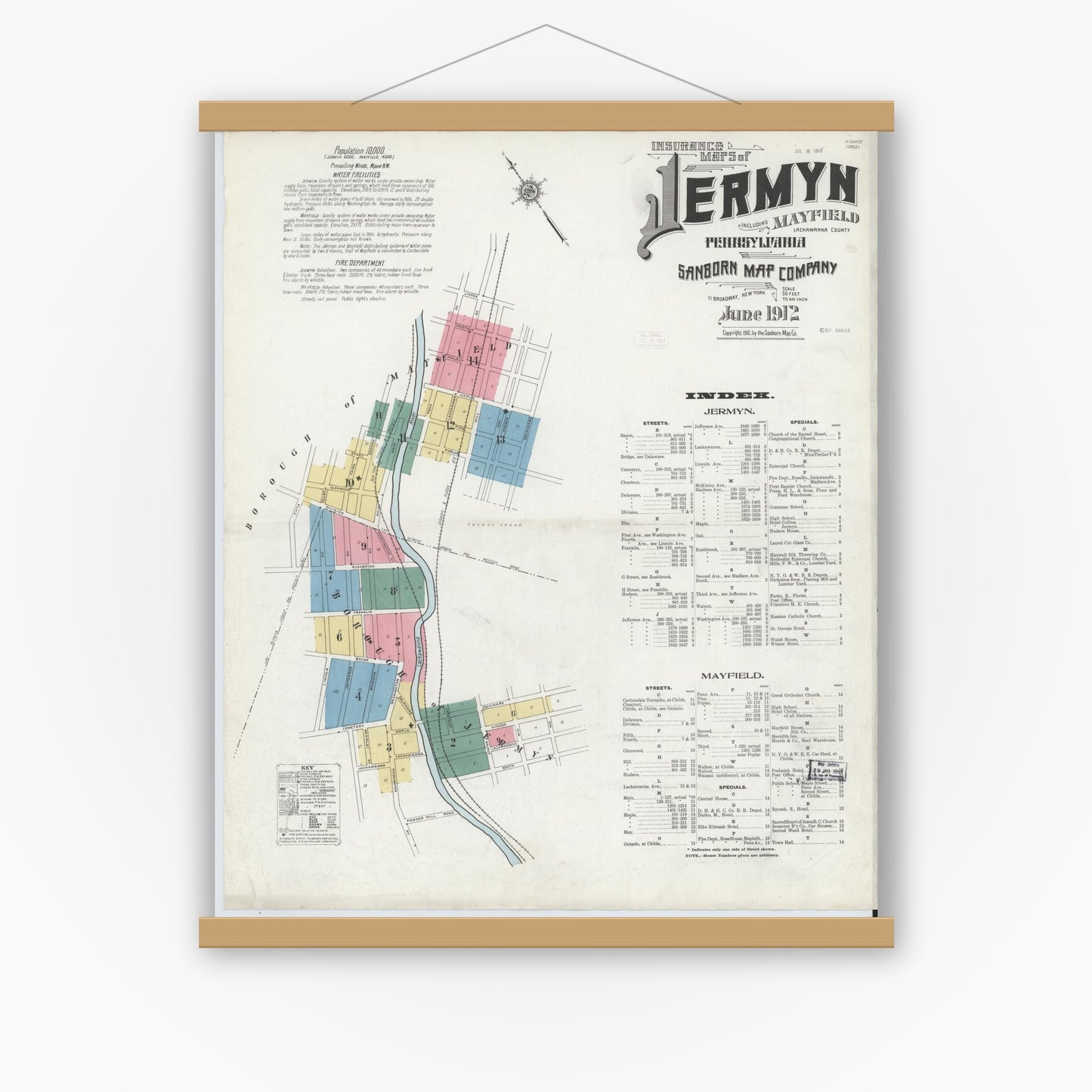 Old map wall art mockup — magnetic wood frame on white wall — Sanborn Fire Insurance Map from Jermyn, Lackawanna County, Pennsylvania (1912) - Complete Map Set