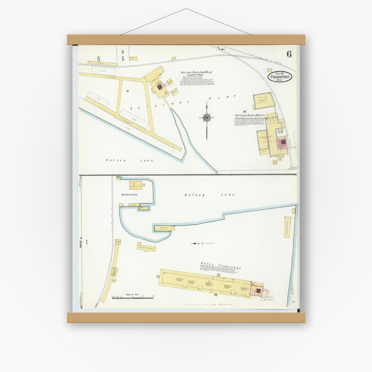 Old map wall art mockup — magnetic wood frame on white wall — Sanborn Fire Insurance Map from Frankfort, Benzie County, Michigan (1911), Sheet #0006