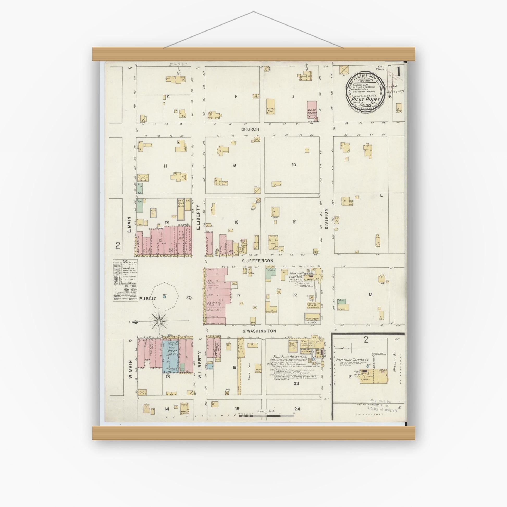 Old map wall art mockup — magnetic wood frame on white wall — Sanborn Fire Insurance Map from Pilot Point, Denton County, Texas (1896), Sheet #0001