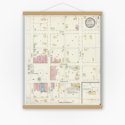 Old map wall art mockup — magnetic wood frame on white wall — Sanborn Fire Insurance Map from Pilot Point, Denton County, Texas (1896), Sheet #0001