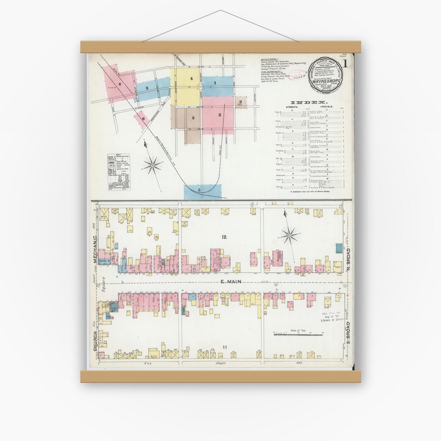 Old map wall art mockup — magnetic wood frame on white wall — Sanborn Fire Insurance Map from Waynesboro, Franklin County, Pennsylvania (1891), Sheet #0001