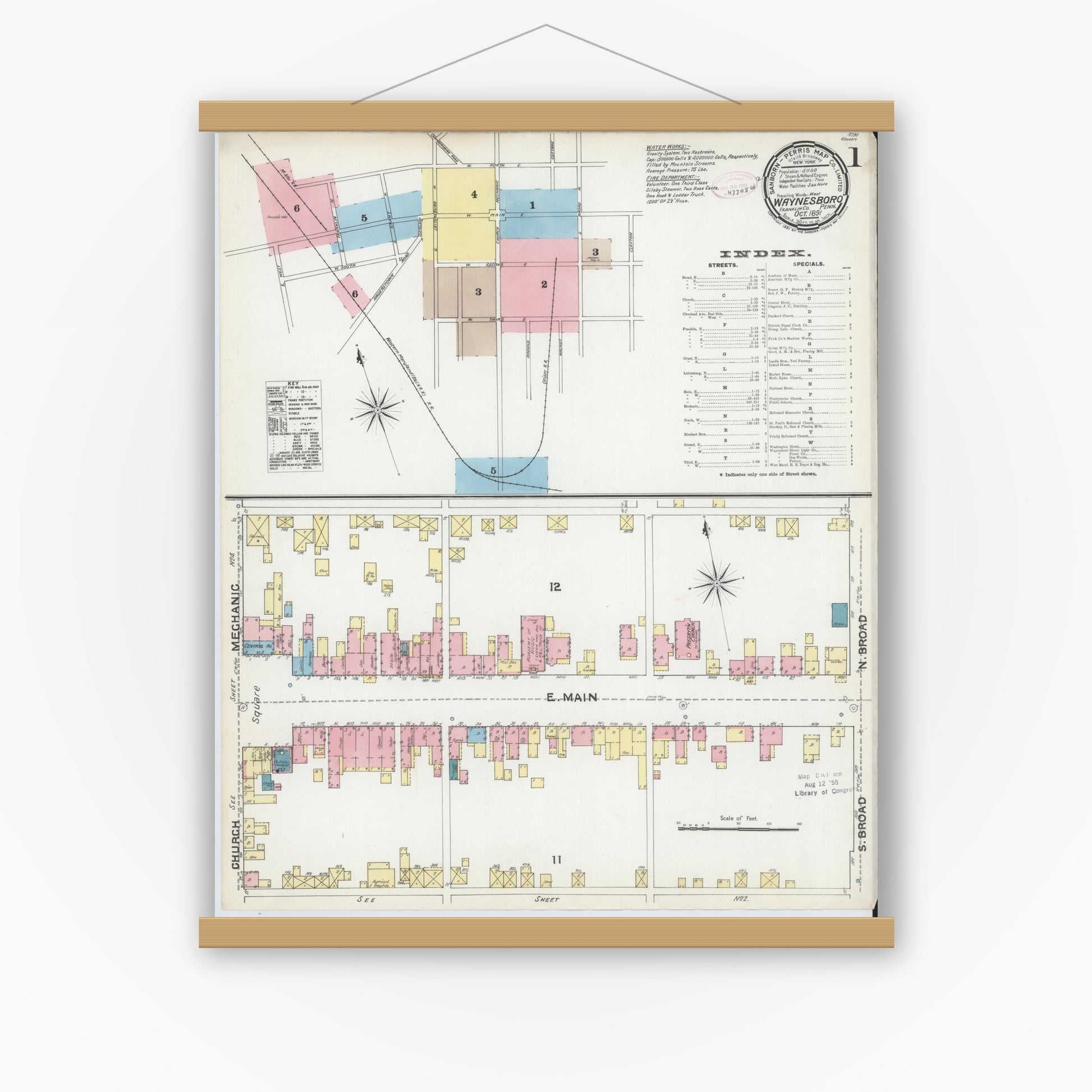 Old map wall art mockup — magnetic wood frame on white wall — Sanborn Fire Insurance Map from Waynesboro, Franklin County, Pennsylvania (1891), Sheet #0001
