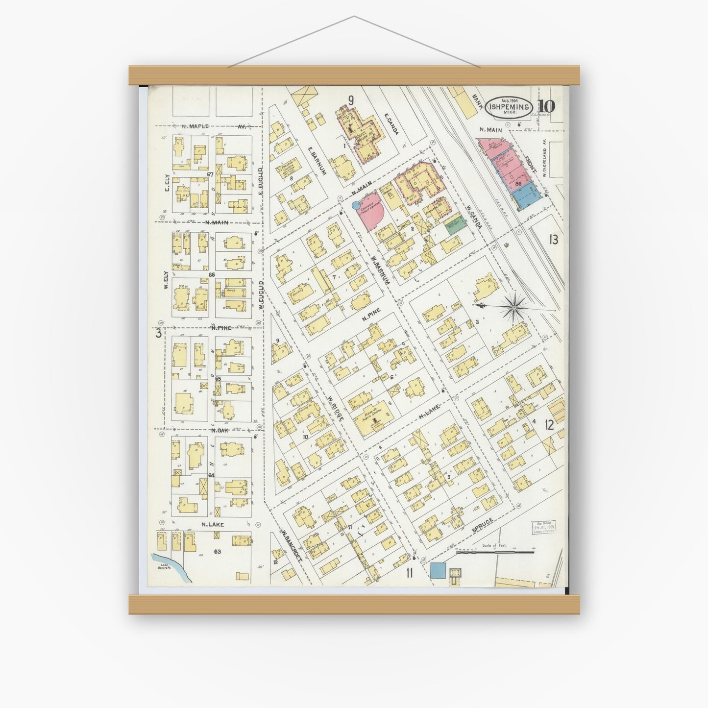 Old map wall art mockup — magnetic wood frame on white wall — Sanborn Fire Insurance Map from Ishpeming, Marquette County, Michigan (1904), Sheet #0010