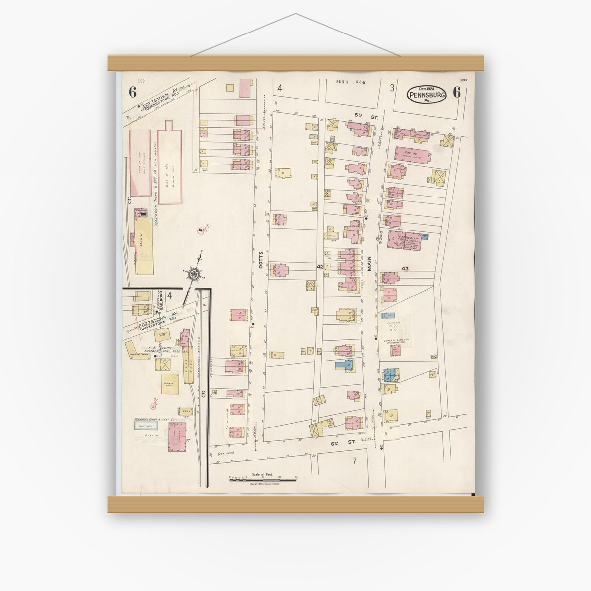 Old map wall art mockup — magnetic wood frame on white wall — Sanborn Fire Insurance Map from Pennsburg, Montgomery County, Pennsylvania (1933), Sheet #0006