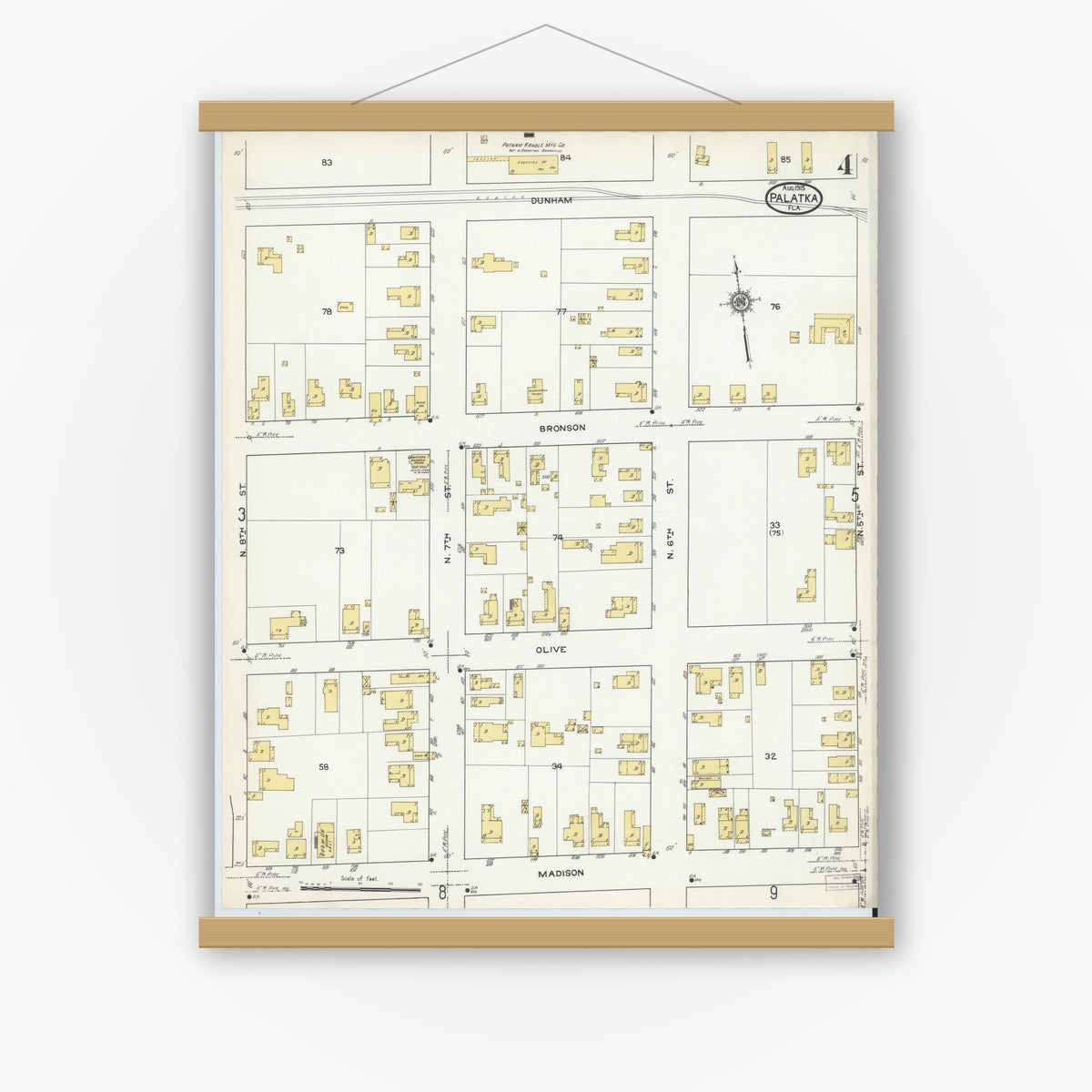 Old map wall art mockup — magnetic wood frame on white wall — Sanborn Fire Insurance Map from Palatka, Putnam County, Florida (1915), Sheet #0004