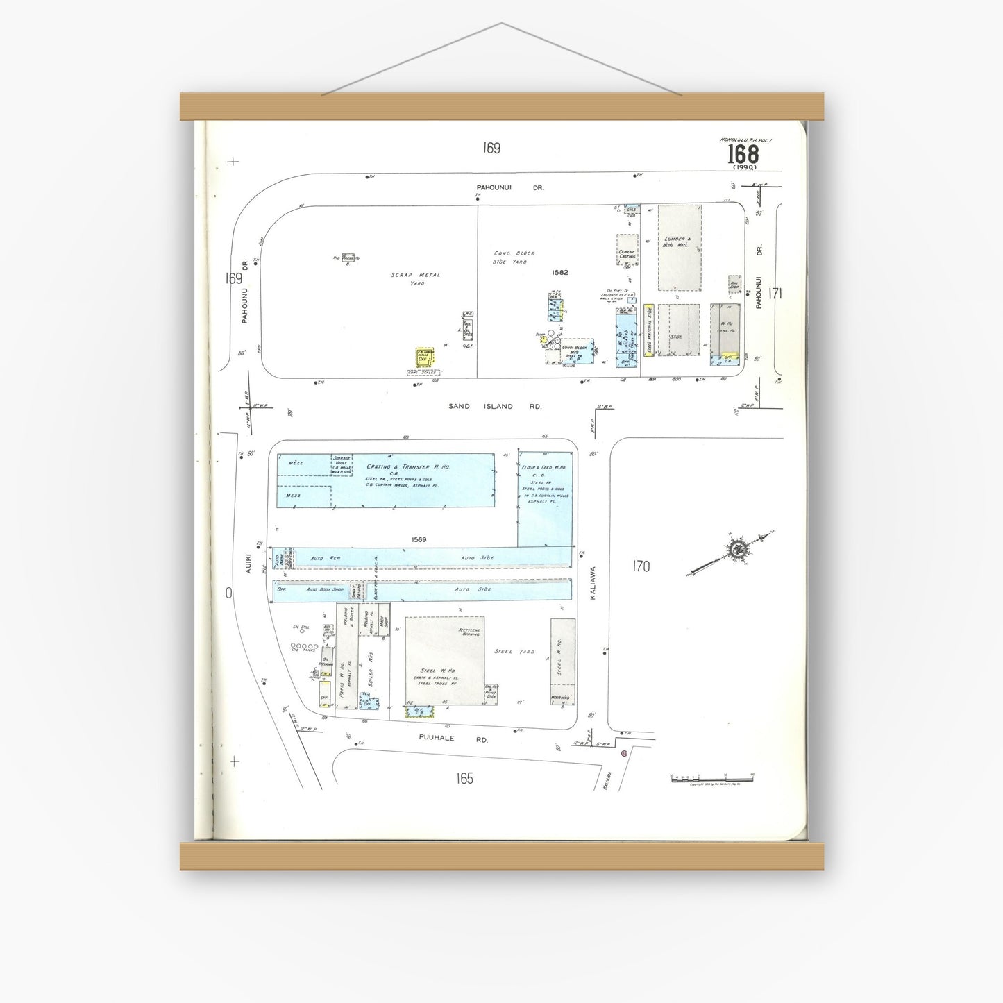 Old map wall art mockup — magnetic wood frame on white wall — Sanborn Fire Insurance Map from Honolulu, Oahu County, Hawaii (1955), Sheet #0168