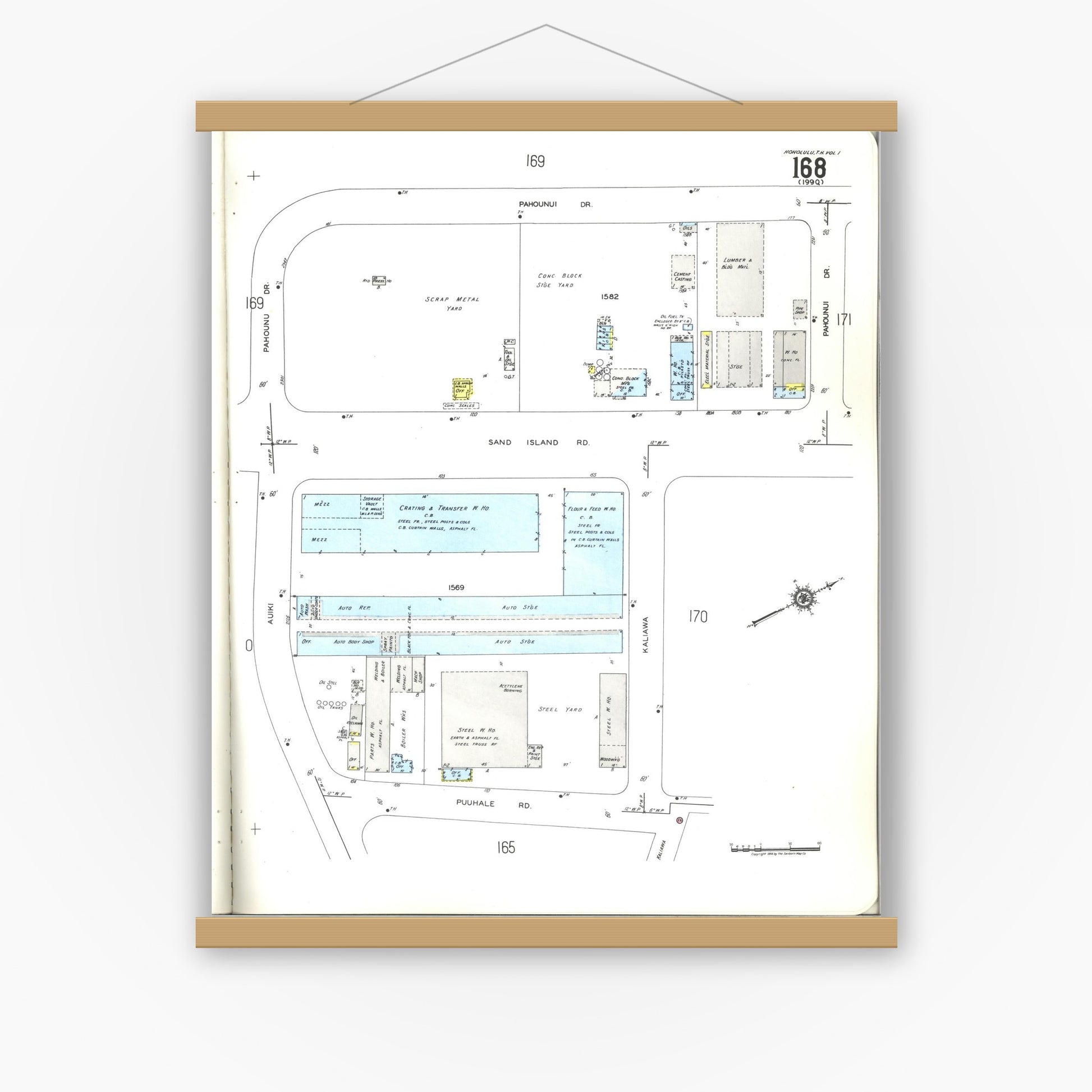 Old map wall art mockup — magnetic wood frame on white wall — Sanborn Fire Insurance Map from Honolulu, Oahu County, Hawaii (1955), Sheet #0168