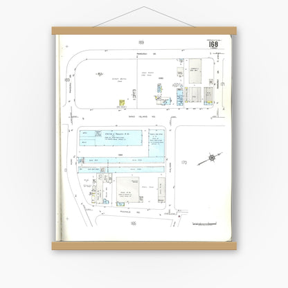 Old map wall art mockup — magnetic wood frame on white wall — Sanborn Fire Insurance Map from Honolulu, Oahu County, Hawaii (1955), Sheet #0168