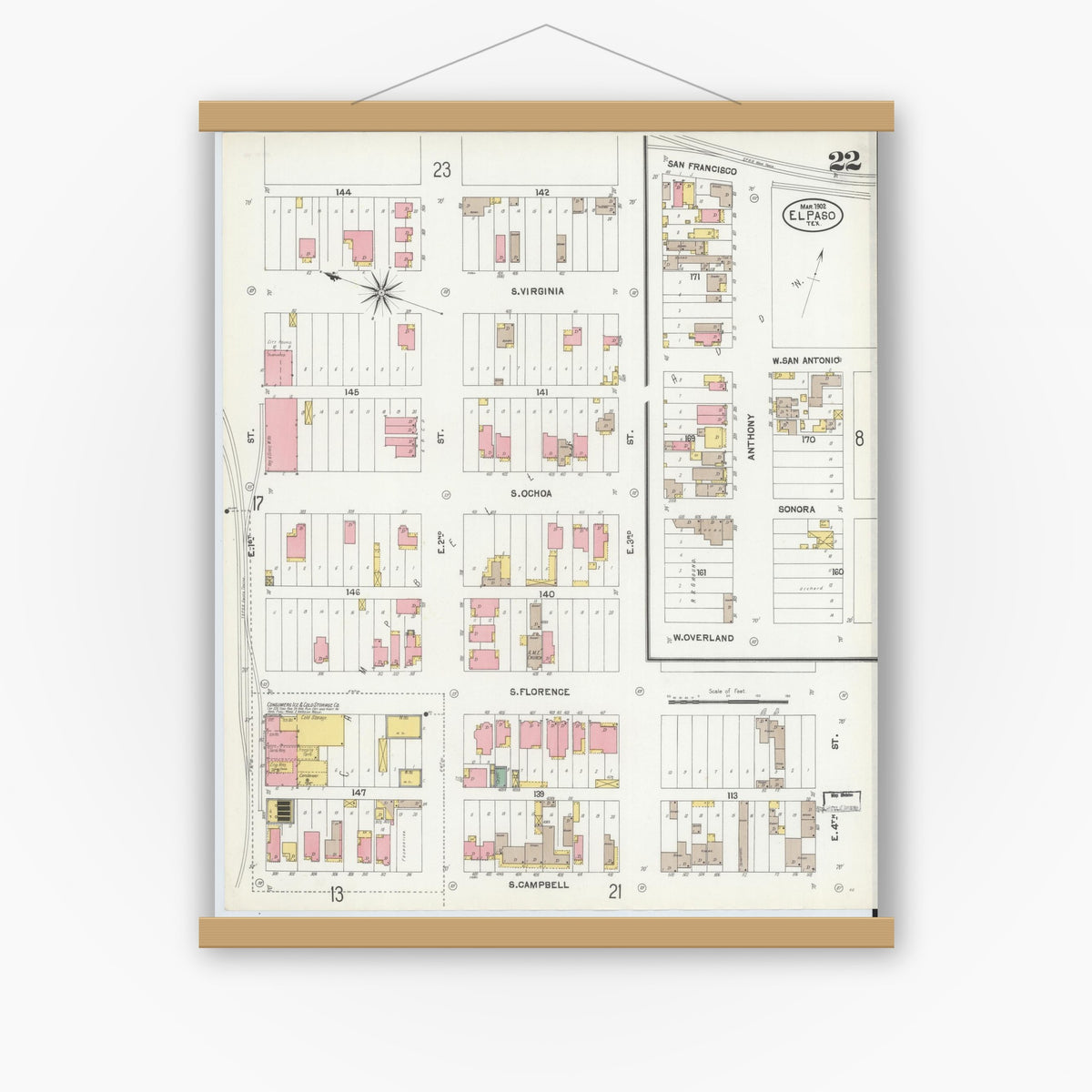 Old map wall art mockup — magnetic wood frame on white wall — Sanborn Fire Insurance Map from El Paso, El Paso County, Texas (1902), Sheet #0022
