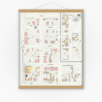 Old map wall art mockup — magnetic wood frame on white wall — Sanborn Fire Insurance Map from El Paso, El Paso County, Texas (1902), Sheet #0022
