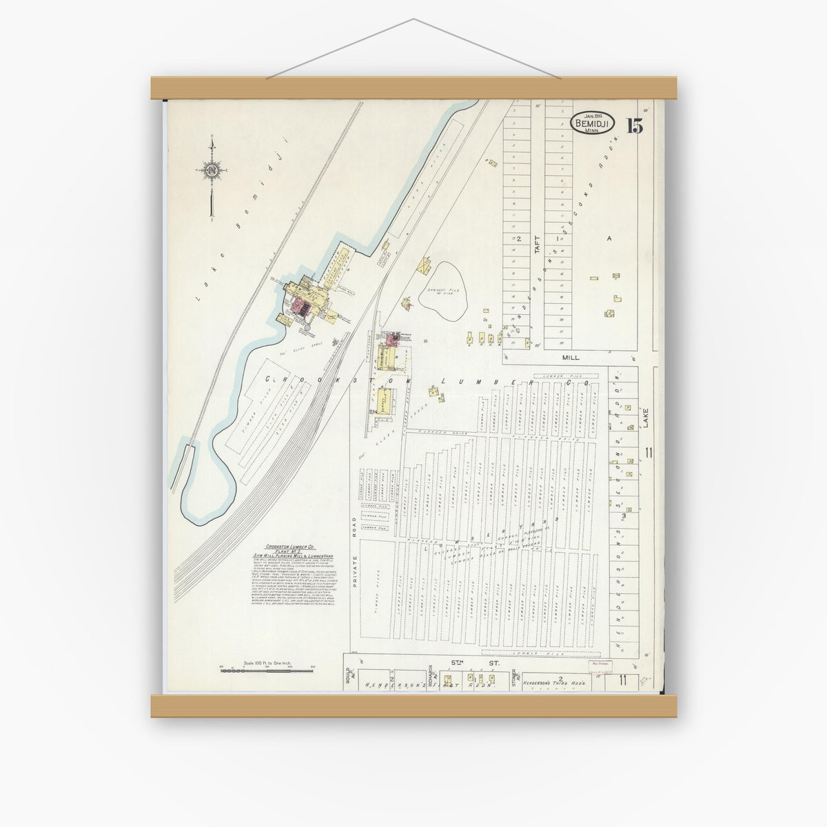 Old map wall art mockup — magnetic wood frame on white wall — Sanborn Fire Insurance Map from Bemidji, Beltrami County, Minnesota (1914), Sheet #0015